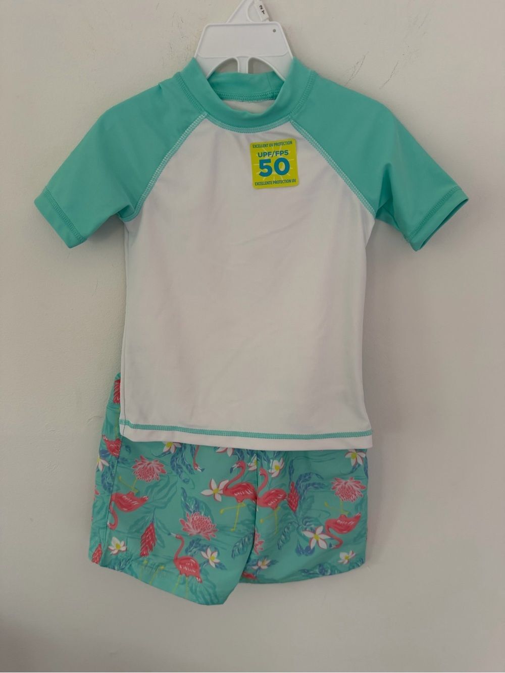 Tommy Bahama Mint Green & White Kids Rash Guard Set with Flamingo Print Trunks